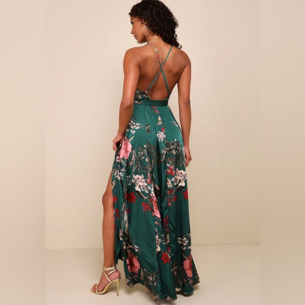 Lulu's Still The One Emerald Green Floral Satin Maxi Dress XS NWT - Picture 7 of 15